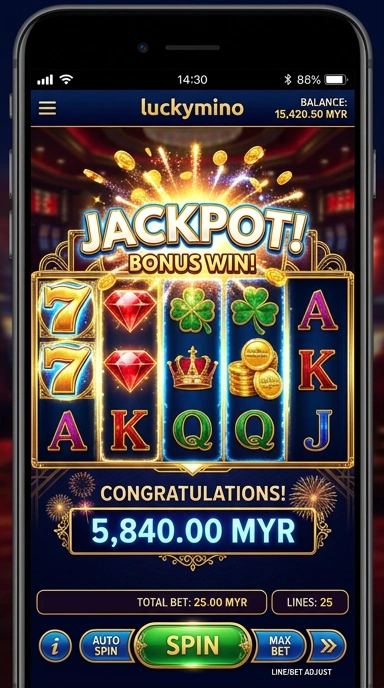 Screenshot antarmuka pengguna luckymino yang menarik.